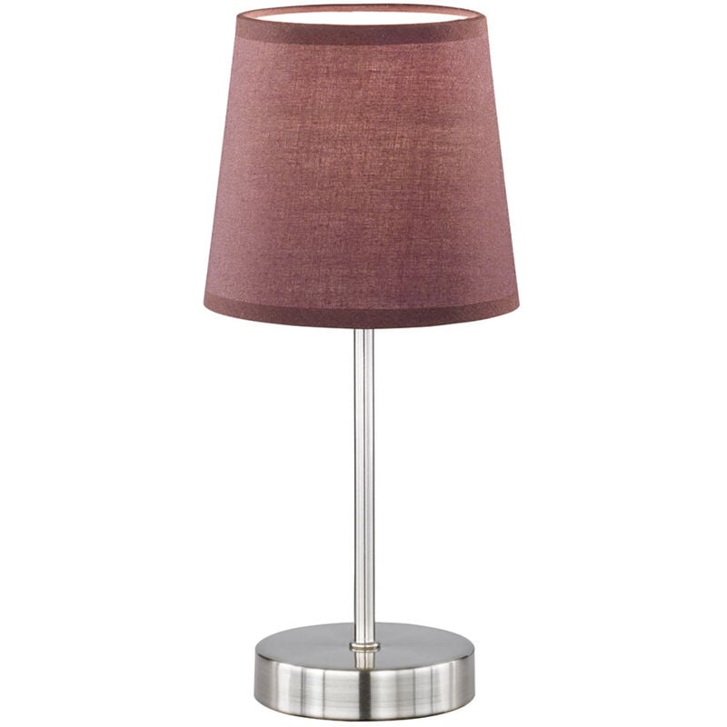 foto del prodotto lampada da tavolo, lampada da comodino, lampada laterale, lampada da soggiorno, lampada da camera, tessuto marrone, metallo nichel opaco, 1x attacco