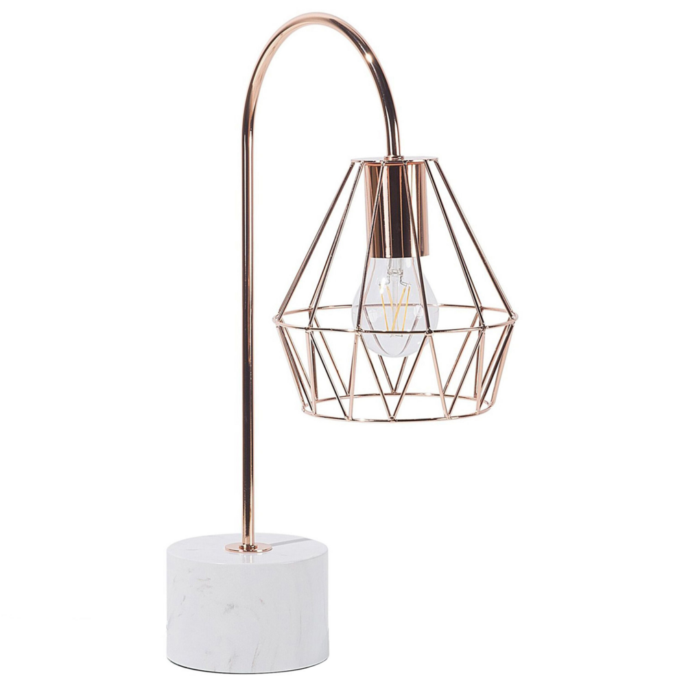 foto del prodotto lampada da tavolo lampada da scrivania in metallo rame con paralume a gabbia diamantata con base tonda effetto marmo