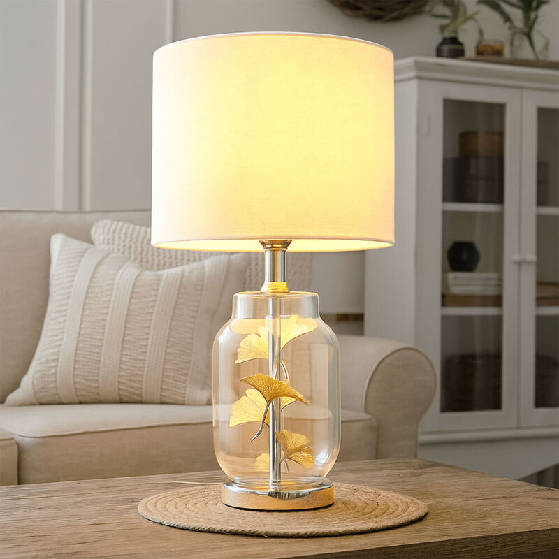 foto del prodotto lampada da tavolo lampada da tavolo lampada laterale foglie lampada da sala da pranzo paralume tessile bianco, vetro plastica metallo tessile, 1x