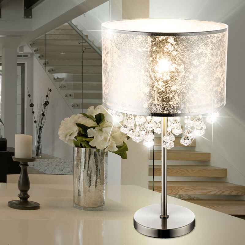 foto del prodotto lampada da tavolo lampada da terra in tessuto foglia d argento faretto da terra cristalli in set incl. lampadina led