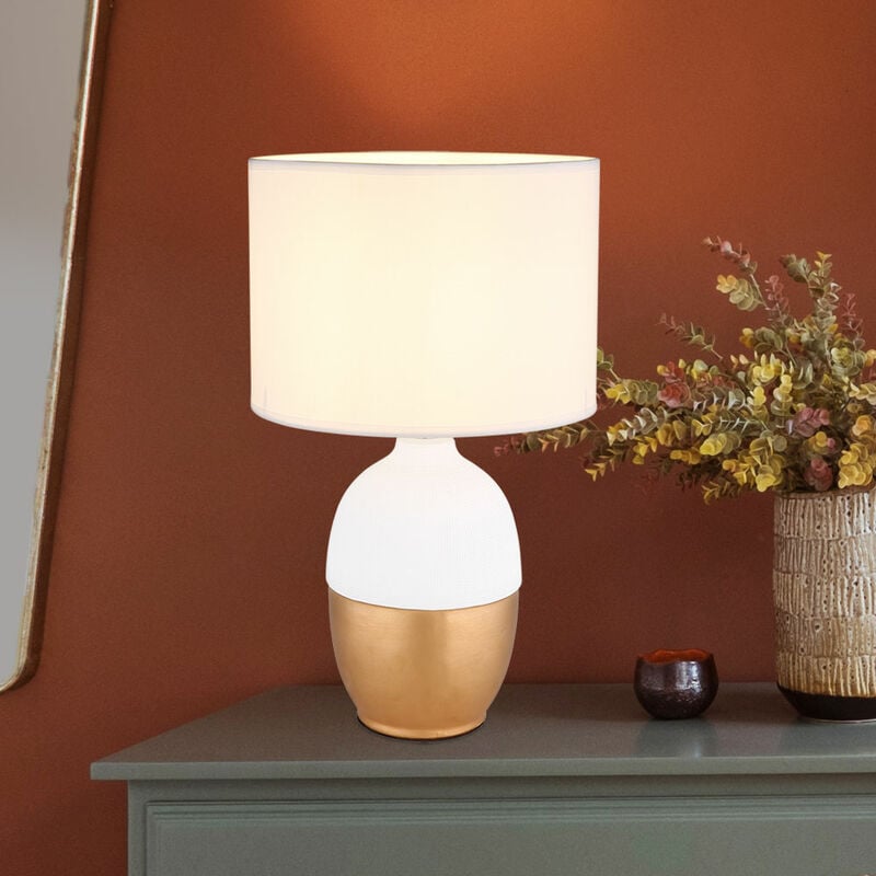 foto del prodotto lampada da tavolo lampada laterale camera da letto lampada da scrivania bianca, reto paralume in tessuto, ceramica oro, 1 attacco e14, dxh 25x43 cm
