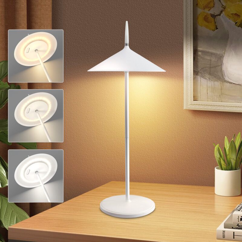 foto del prodotto lampada da tavolo laterale ricaricabile senza fili luce notturna a led ricaricabile da 1800 mah, dimmer touch, design bianco moderno, lampada da