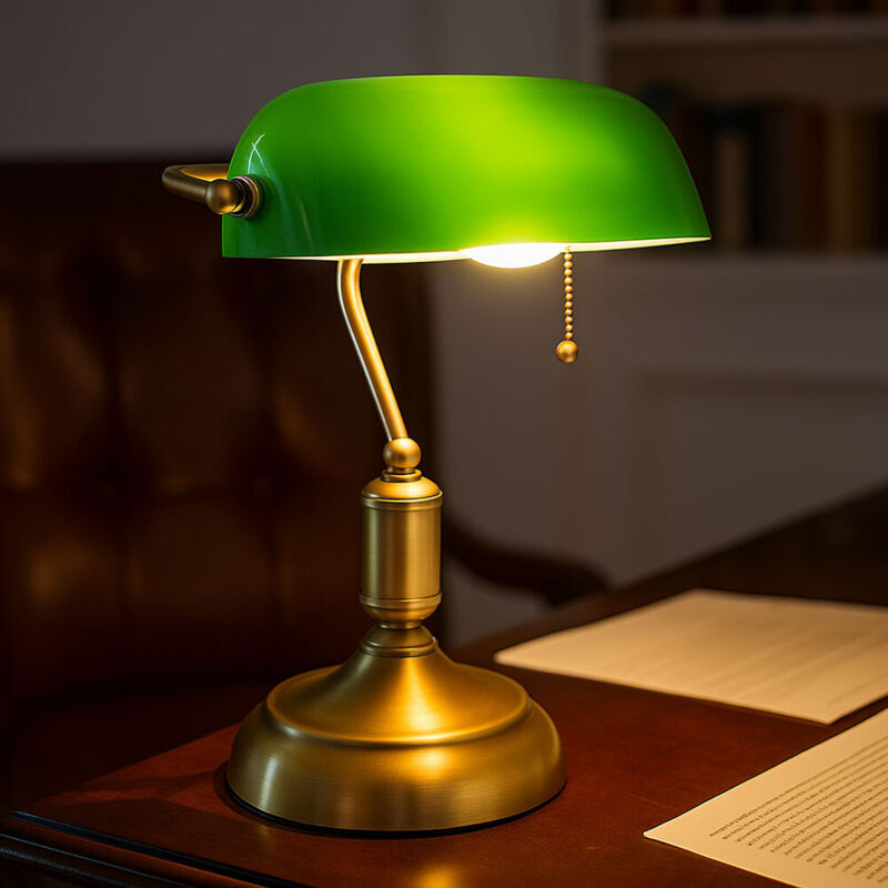 foto del prodotto lampada da tavolo led da scrivania lampada banker lampada da tavolo in ottone antico vetro verde luce da lettura, paralume orientabile, interruttore