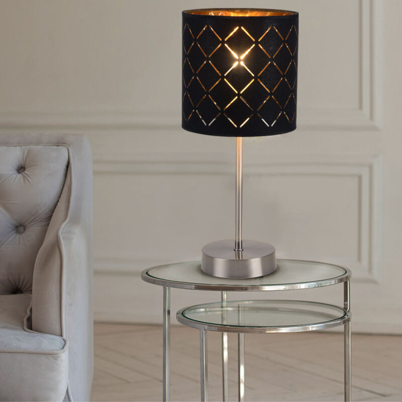 foto del prodotto lampada da tavolo led nero oro lampada da tavolo nichel opaco tessile orientale, 1x e14 led bianco caldo, altezza x larghezza 15 x 35 cm, soggiorno