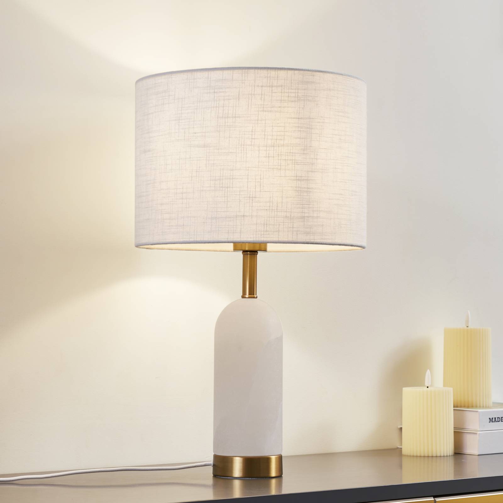 foto del prodotto lampada da tavolo lindby alabastro, bianco oro, 30 cm, marmo, e27
