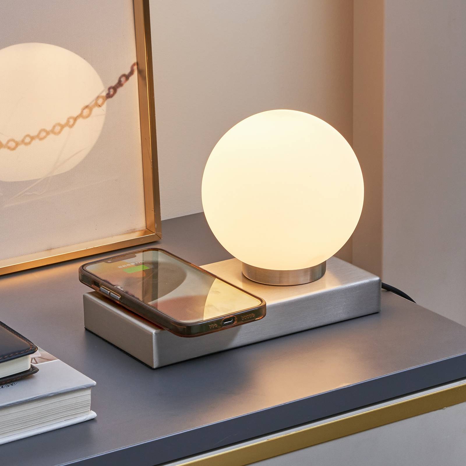 foto del prodotto lampada da tavolo lindby junis, nichel, funzione di ricarica