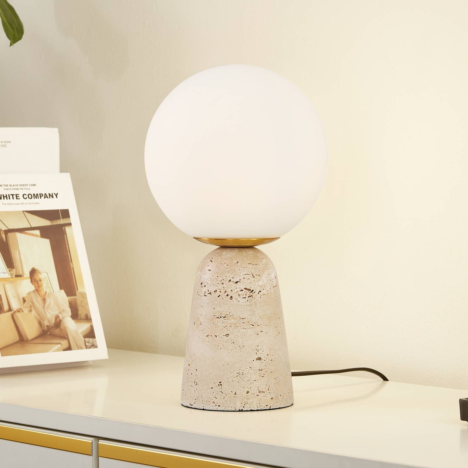 foto del prodotto lampada da tavolo lindby kirstan, beige, bianco, vetro, pietra, 33 cm