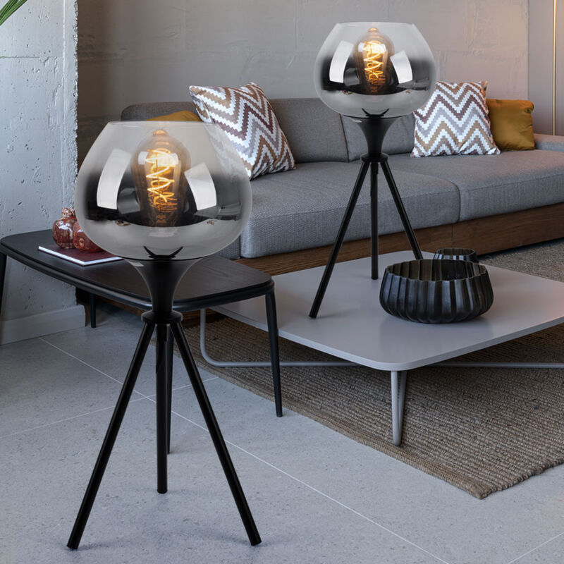 foto del prodotto lampada da tavolo, luce laterale, lampada da comodino, lampada da lettura moderna, treppiede, vetro fum , metallo nero, 1x attacco e27, dxh 24x45 cm,