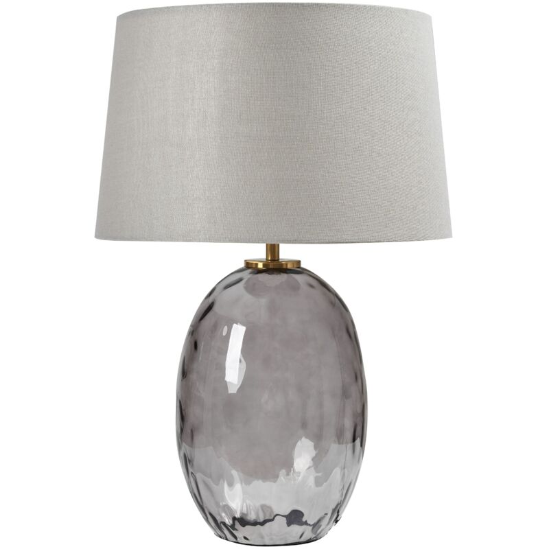 foto del prodotto lampada da tavolo moderna e minimalista con base in vetro e paralume a tamburo in tessuto grigio bonelli
