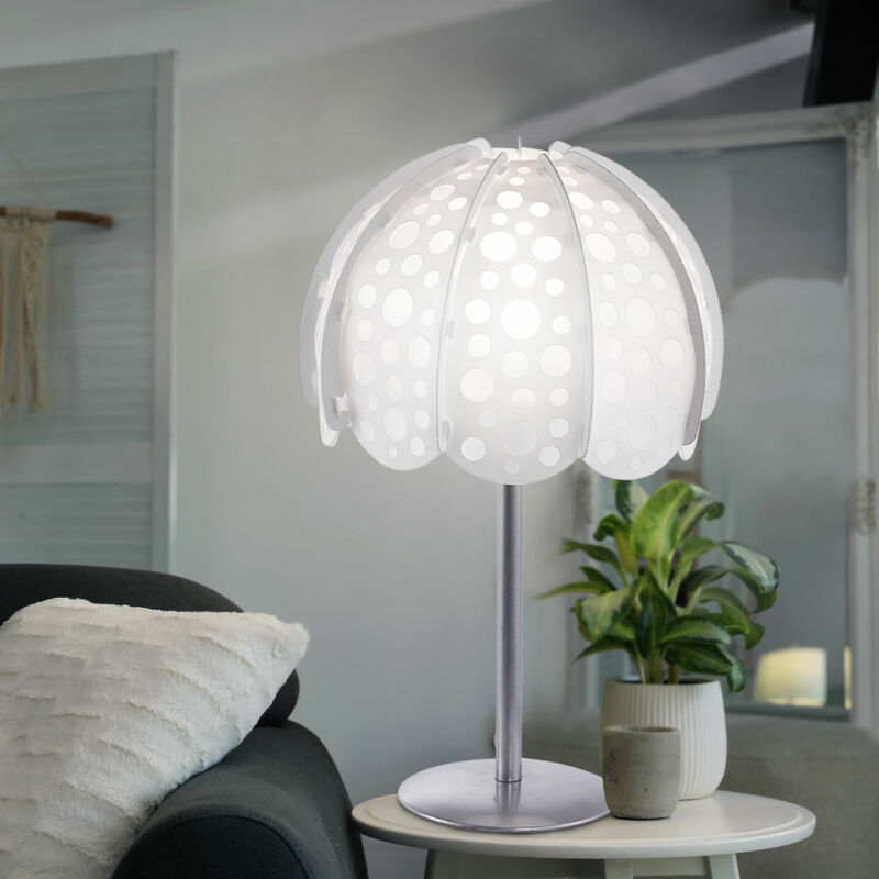 foto del prodotto lampada da tavolo moderna, lampada da comodino, bianco, lampada laterale, paralume in tessuto, metallo argentato, 1x attacco e14, dxh 20,5x36 cm