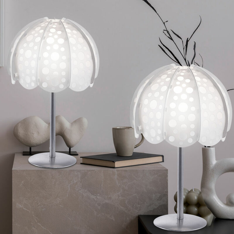 foto del prodotto lampada da tavolo moderna, lampada da comodino, bianco, lampada laterale, paralume in tessuto, metallo argentato, 1x attacco e14, pxh 20,5x36 cm, set
