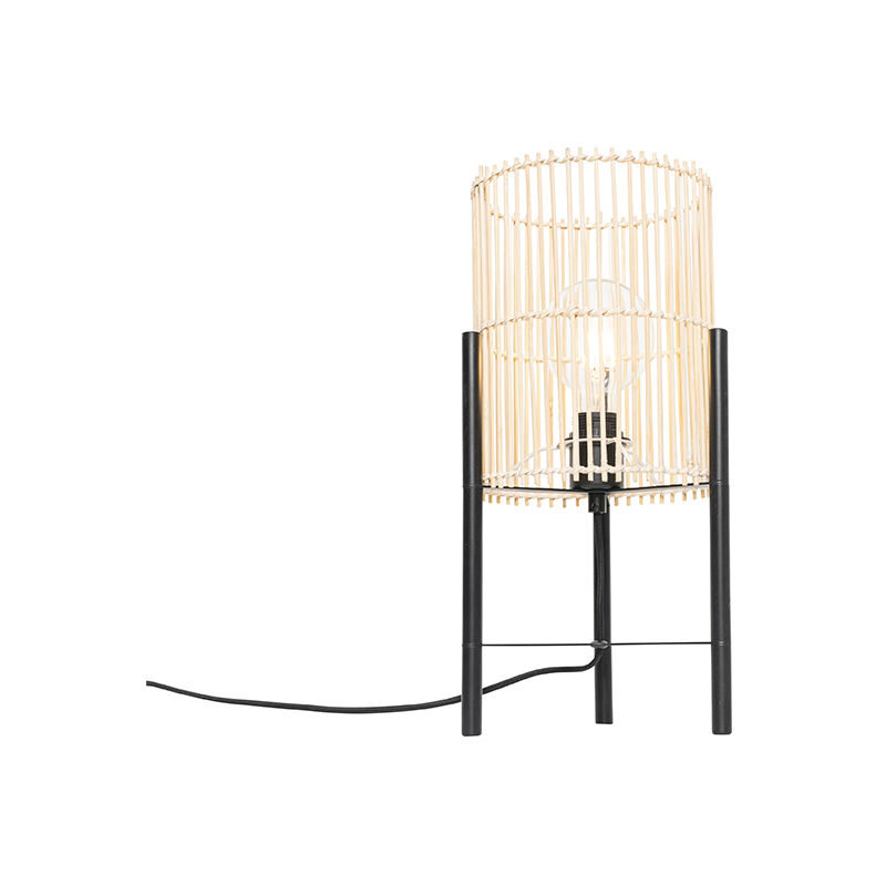 foto del prodotto lampada da tavolo natasja rustico bamboo,acciaio legno nero oblungo cilindro max. 1 x watt qazqa