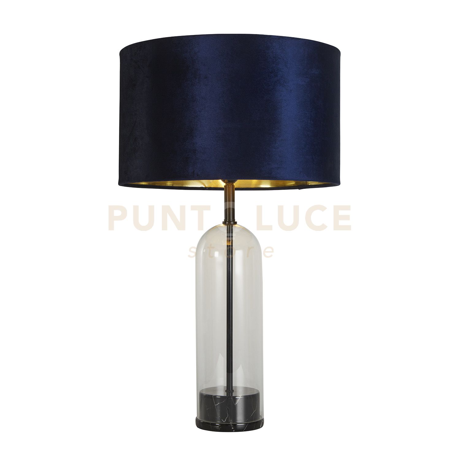 foto del prodotto lampada da tavolo oxford vetro, metallo nero, marmo e paralume blu navy