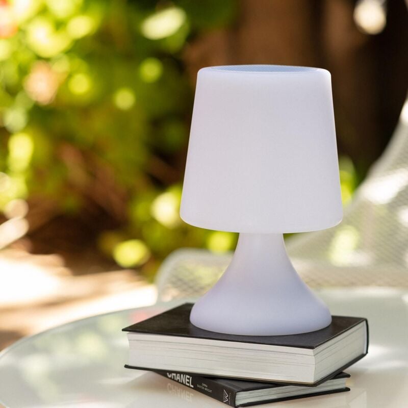 foto del prodotto lampada da tavolo per esterni led 3w solare rgbw portatile con altoparlante bluetooth e batteria usb ricaricabile uyoga bianco