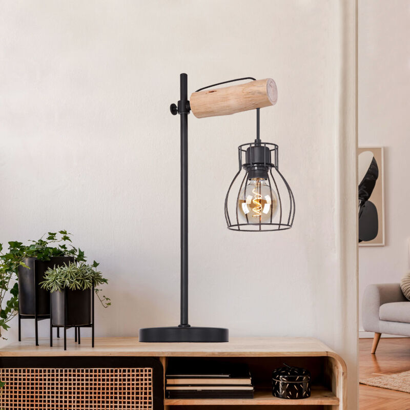 foto del prodotto lampada da tavolo retr lampada da tavolo in legno metallo nero, paralume design a griglia, 1x e27, lxh 33 x 55 cm