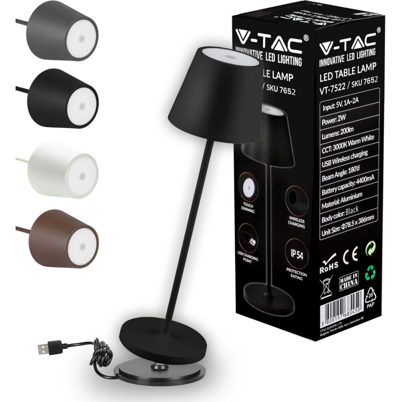foto del prodotto lampada da tavolo senza fili led dimmerabile in alluminio lampada nera wireless per uso interno ed esterno ip54 da casa o ristorante design