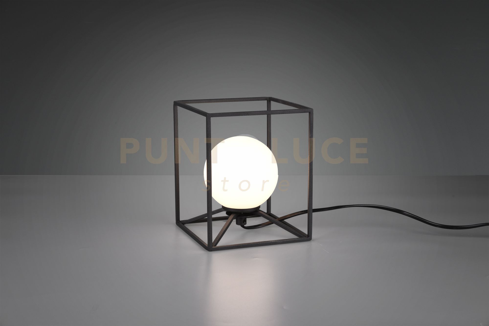 foto del prodotto lampada da tavolo sfera di vetro gabbia struttura metallo r50401032 nero e bianco