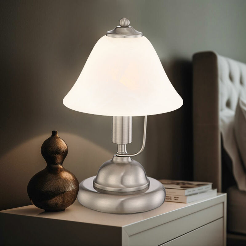 foto del prodotto lampada da tavolo touch lampada da comodino lampada da tavolo in vetro alabastro camera da letto, nichel opaco, 1x attacco e14, dxh 17x27 cm