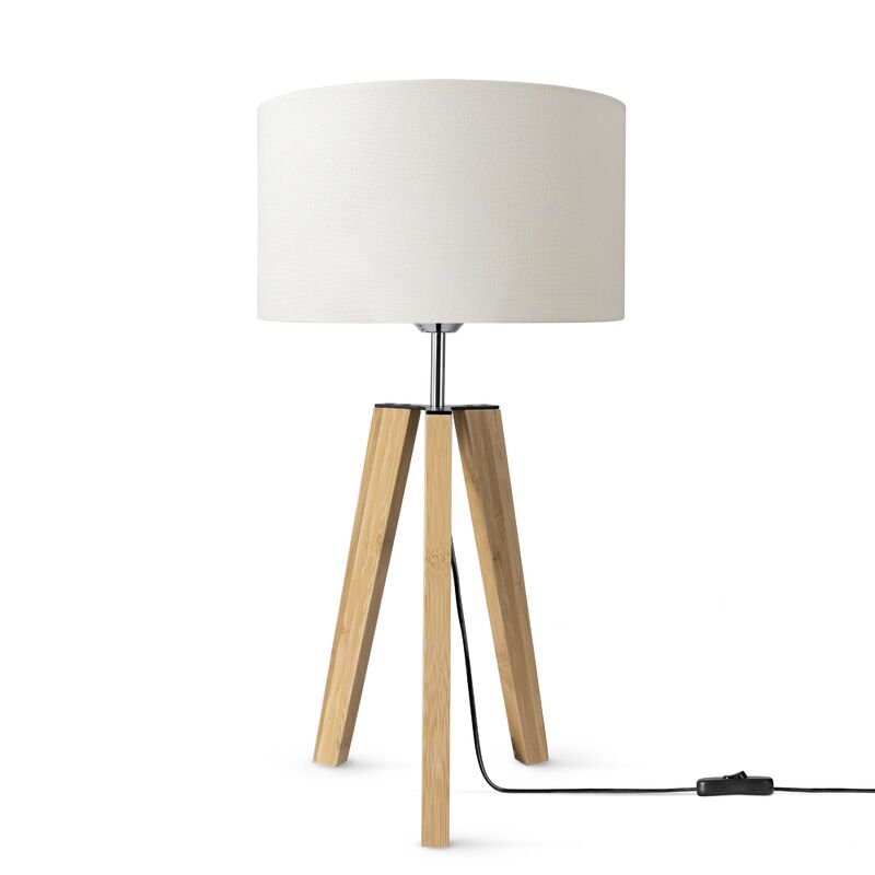 foto del prodotto lampada da tavolo treppiede da comodino da terra e27 stoffa paralume uni bianco 28cm , lampada da tavolo bamb paco home