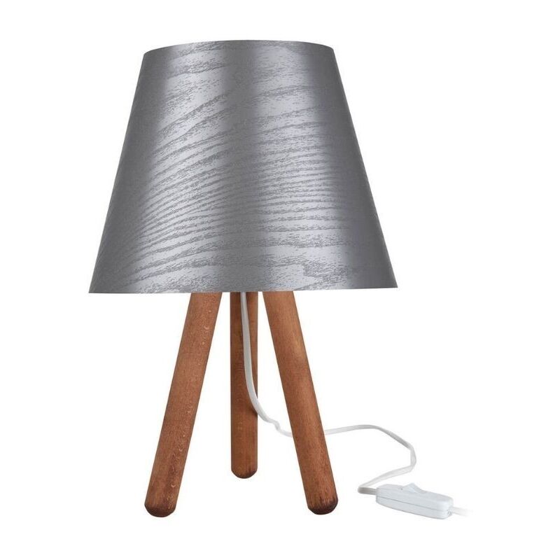foto del prodotto lampada da tavolo treppiede legno e paralume grigio pino asz1453