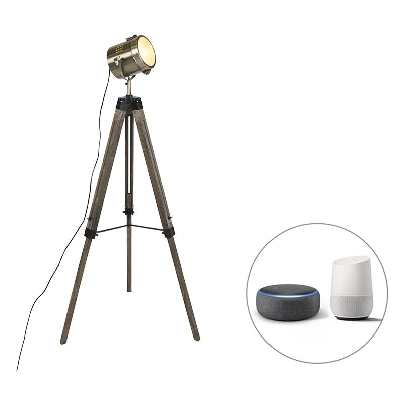 foto del prodotto lampada da tavolo tripode braha industriale legno,acciaio marrone ottone tondo e14 max. 1 x 4.5 watt qazqa