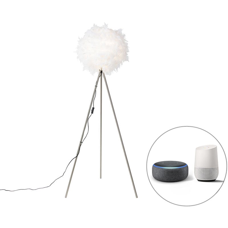 foto del prodotto lampada da tavolo tripode feather moderno tessuto,acciaio bianco acciaio tondo e27 max. 1 x 9 watt qazqa