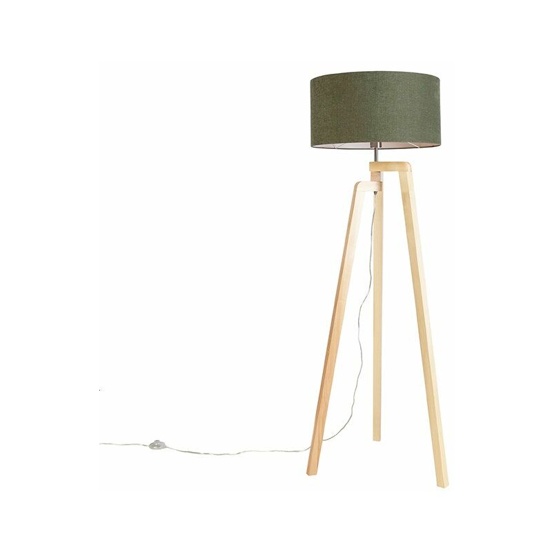 foto del prodotto lampada da tavolo tripode puros rustico legno,tessuto verde marrone cilindro oblungo tondo max. 1 x watt qazqa