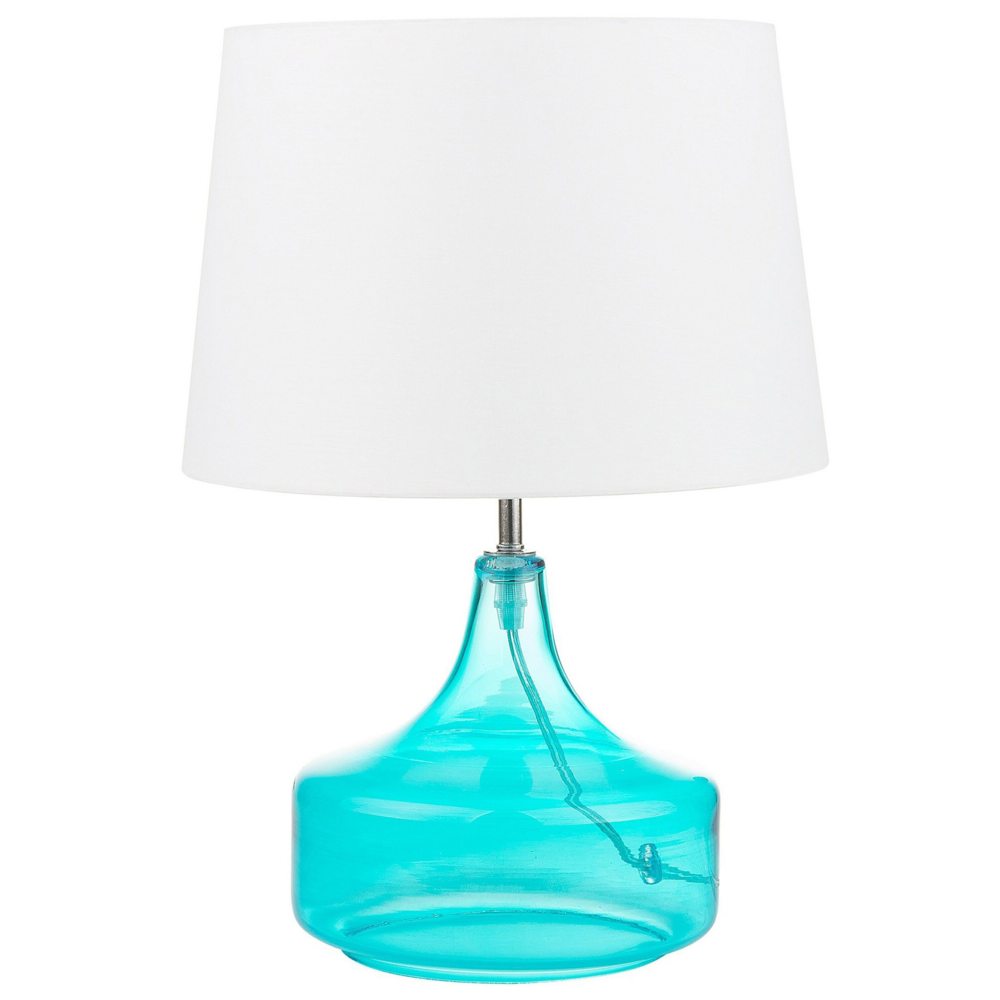 foto del prodotto lampada da tavolo turchese e bianco con base in vetro trasparente paralume tamburo in poliestere design moderno