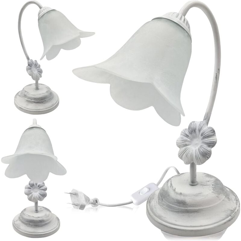 foto del prodotto lampada da tavolo vintage e14 in metallo spazzolato con paralume in vetro artigianale elegante illuminazione per comodini e scrivanie shabby 