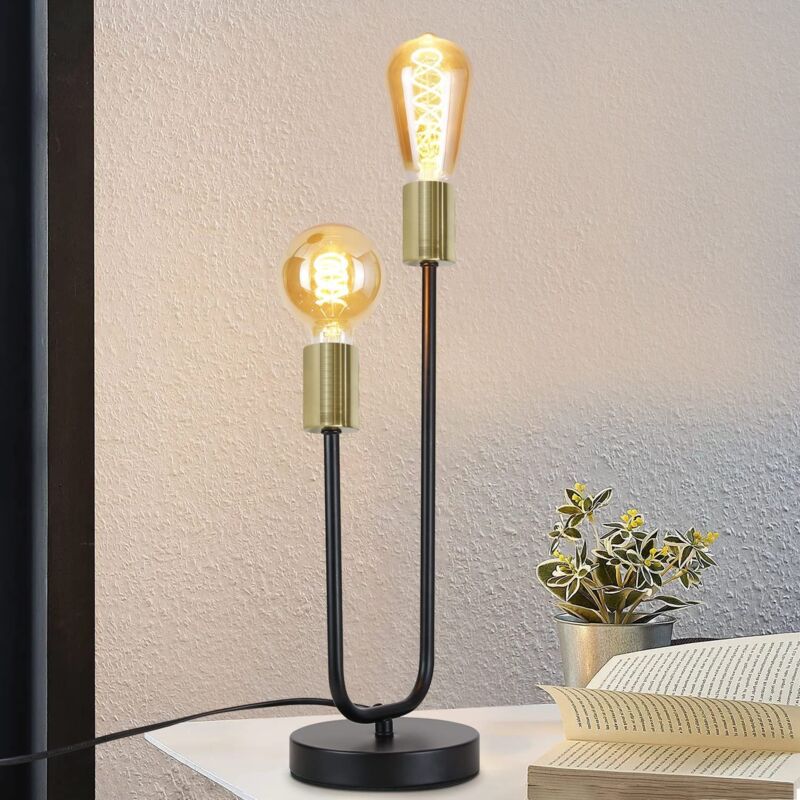 foto del prodotto lampada da tavolo vintage nera, lampada da comodino lampada da tavolo per bambini in oro nero, soggiorno, e27, luce notturna industriale con cavo