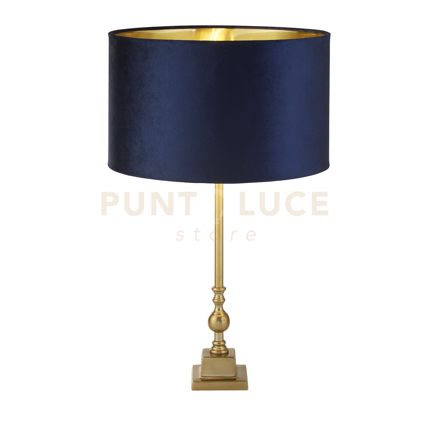 foto del prodotto lampada da tavolo whitby - ottone anticato e paralume in velluto blu navy