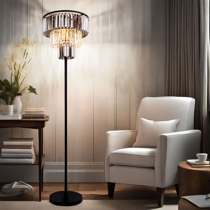 foto del prodotto lampada da terra a led cristalli di vetro lampada da soggiorno lampada da terra 3 fiamme, metallo nero opaco, cristalli fumo chiaro, 3x 7w 806lm
