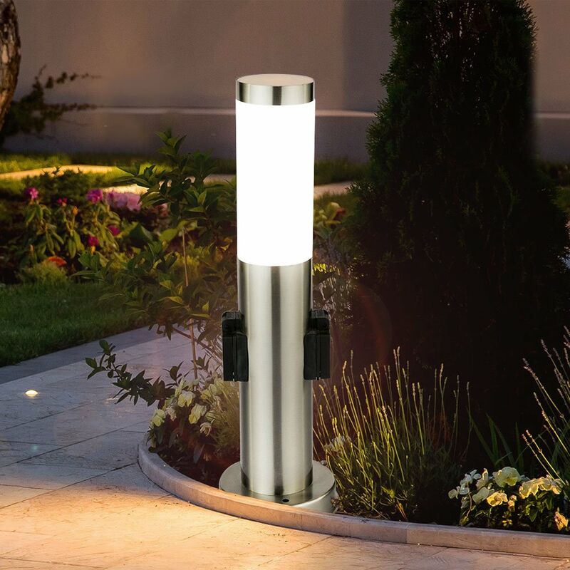 foto del prodotto lampada da terra a led in acciaio inox per terrazza da giardino ip44 illuminazione 2x prese