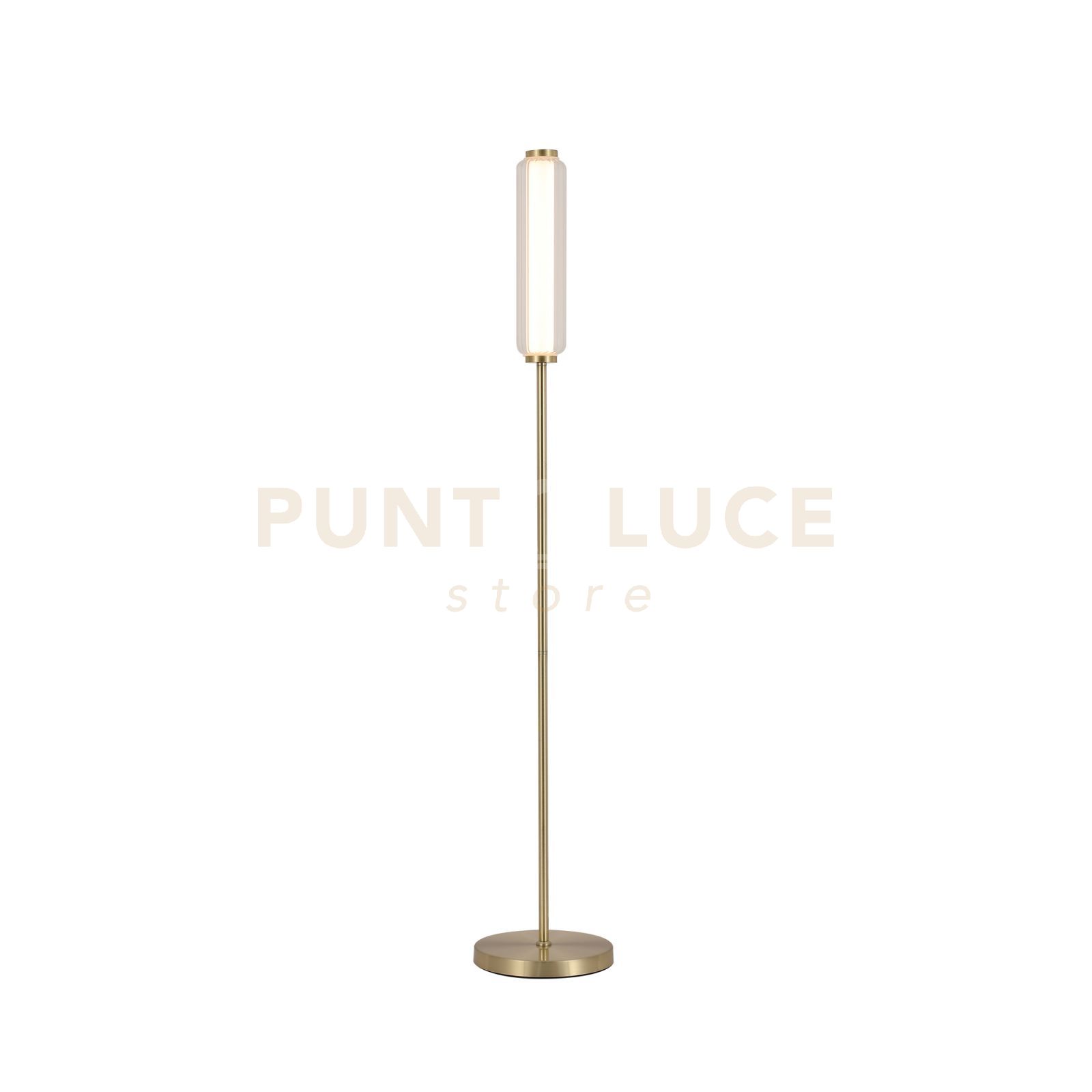 foto del prodotto lampada da terra a led mod, metallo ottone satinato, acrilico opalino e trasparente