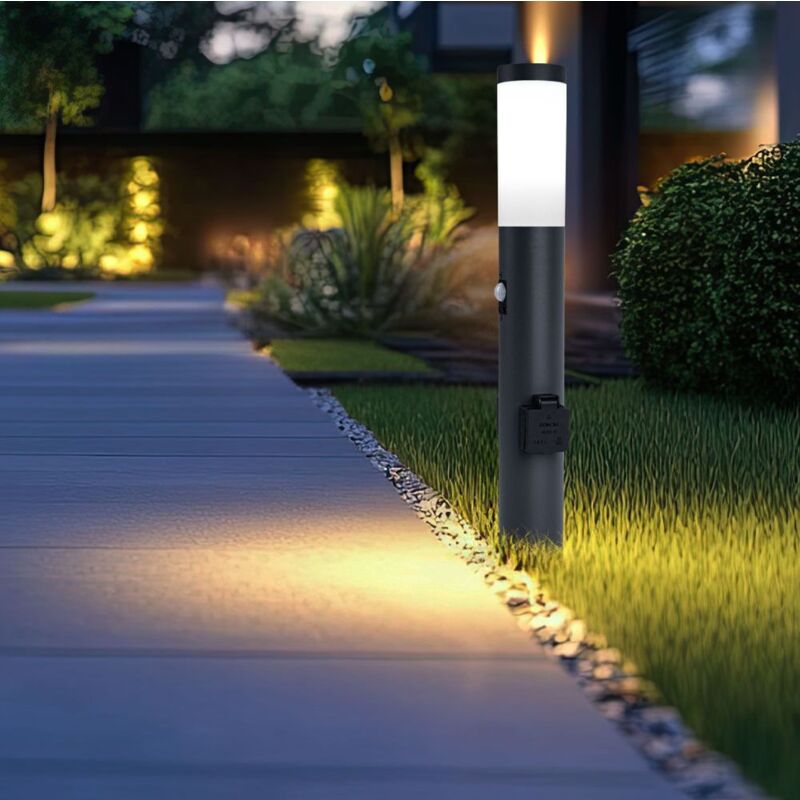 foto del prodotto lampada da terra a led per esterni con rilevatore di movimento in acciaio inox lampada da vialetto lampada da giardino antracite, con 2 prese, ip44,