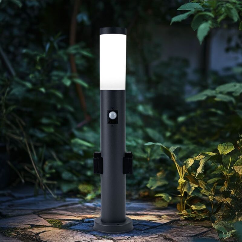foto del prodotto lampada da terra a led per esterni con rilevatore di movimento in acciaio inox lampada da vialetto lampada da giardino antracite, con 2 prese, ip44,