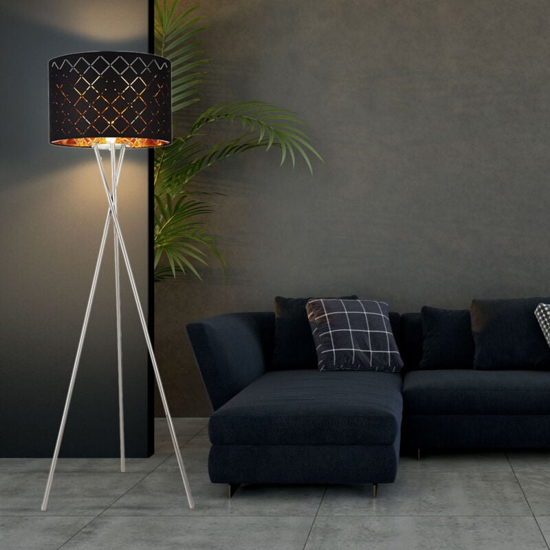 foto del prodotto lampada da terra a led per soggiorno, lampada da terra nera e oro, treppiede, in tessuto con perforazioni decorative, 7w 806lm bianco caldo, h 160 cm