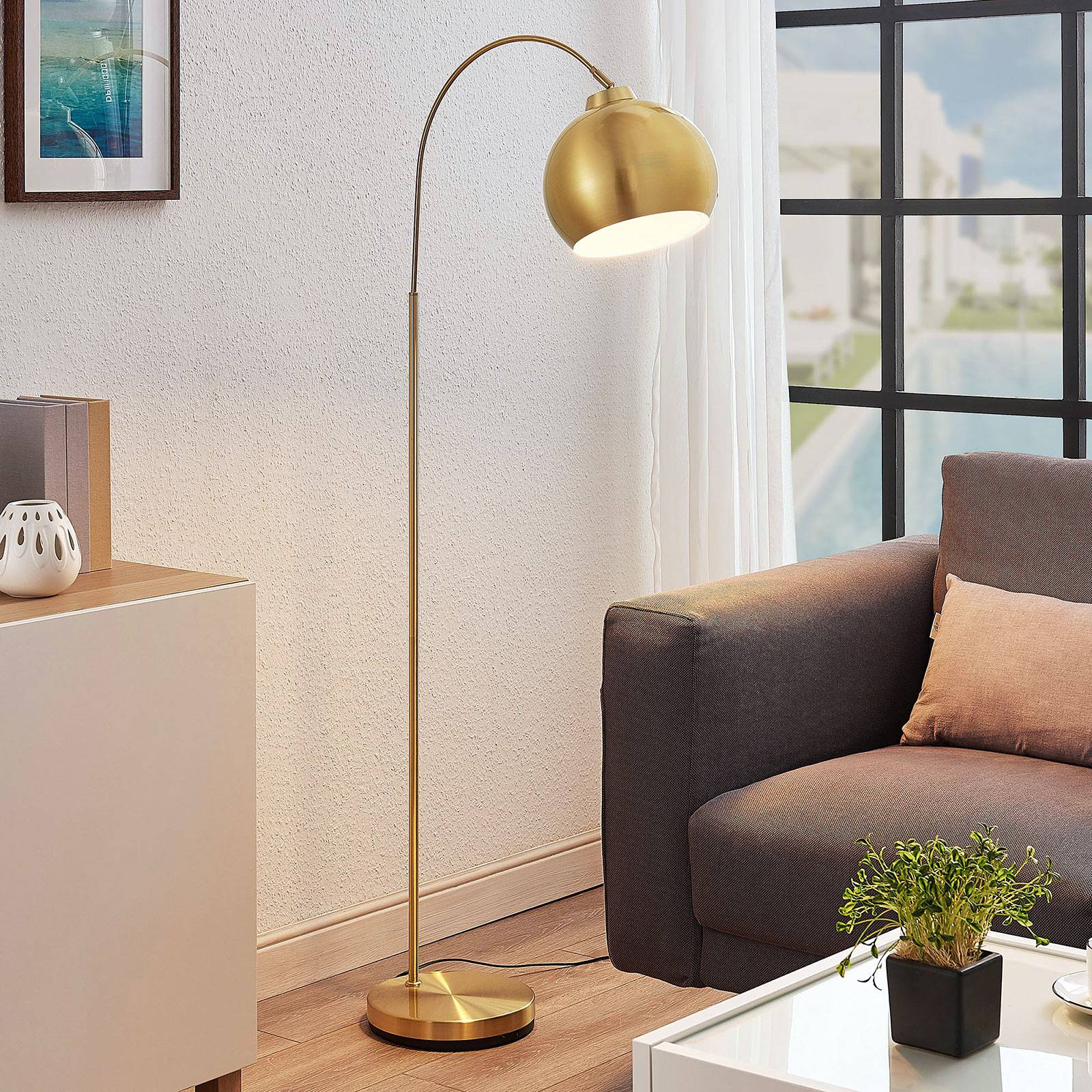 foto del prodotto lampada da terra ad arco lindby moisia, colore ottone, metallo, 148 cm