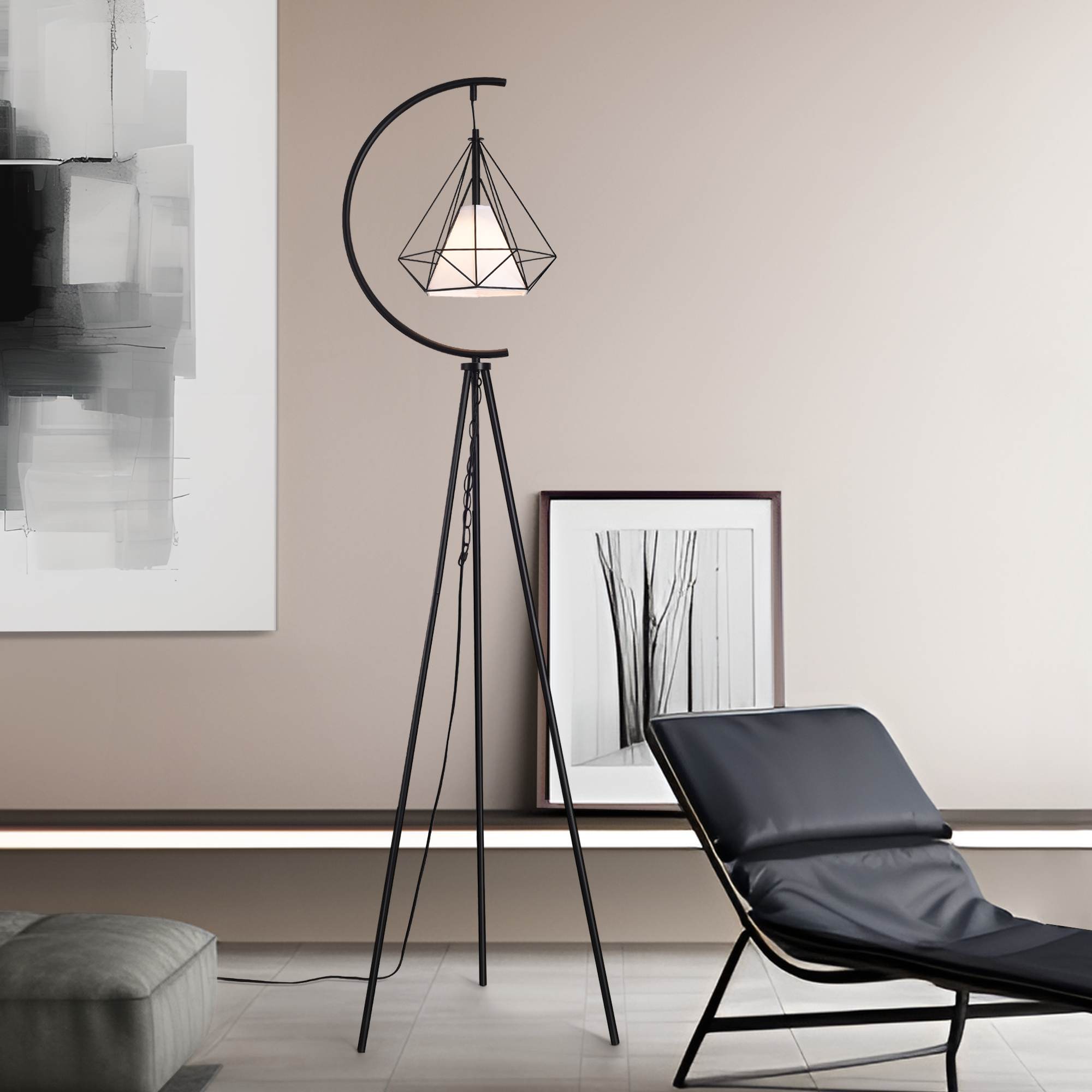 foto del prodotto lampada da terra austell paralume pendente in gabbia a diamante tripode nero lux.pro