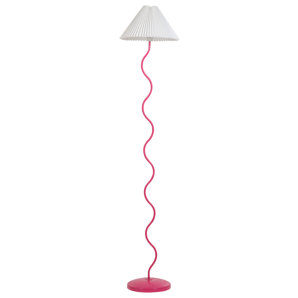 foto del prodotto lampada da terra base metallica bianca e rosa paralume plissettato in plastica stile retr vintage