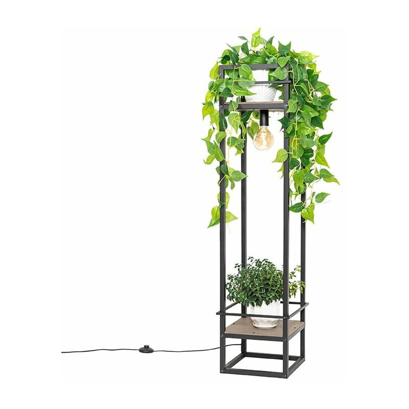 foto del prodotto lampada da terra cage rack industriale acciaio,legno nero oblungo max. 1 x watt qazqa