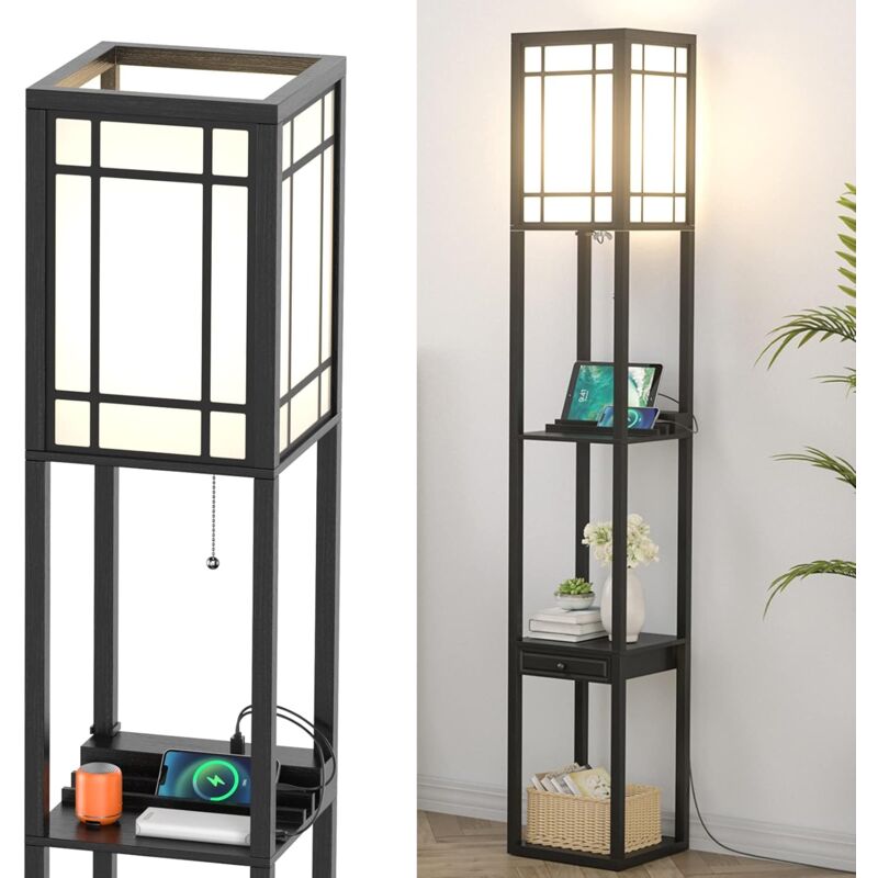 foto del prodotto lampada da terra con cassetto, 3 ripiani, 2 porte usb, base e27, luce decorativa per camera da letto ufficio hotel,modello 3 relax4life