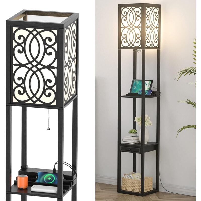 foto del prodotto lampada da terra con cassetto, 3 ripiani, 2 porte usb, base e27, luce decorativa per camera da letto ufficio hotel,modello 4 relax4life