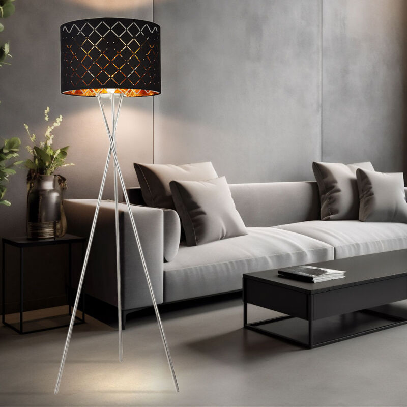 foto del prodotto lampada da terra con paralume in tessuto lampada laterale oro nero lampada treppiede a 3 gambe in tessuto, nichel opaco, attacco e27, dxh 62x158 cm