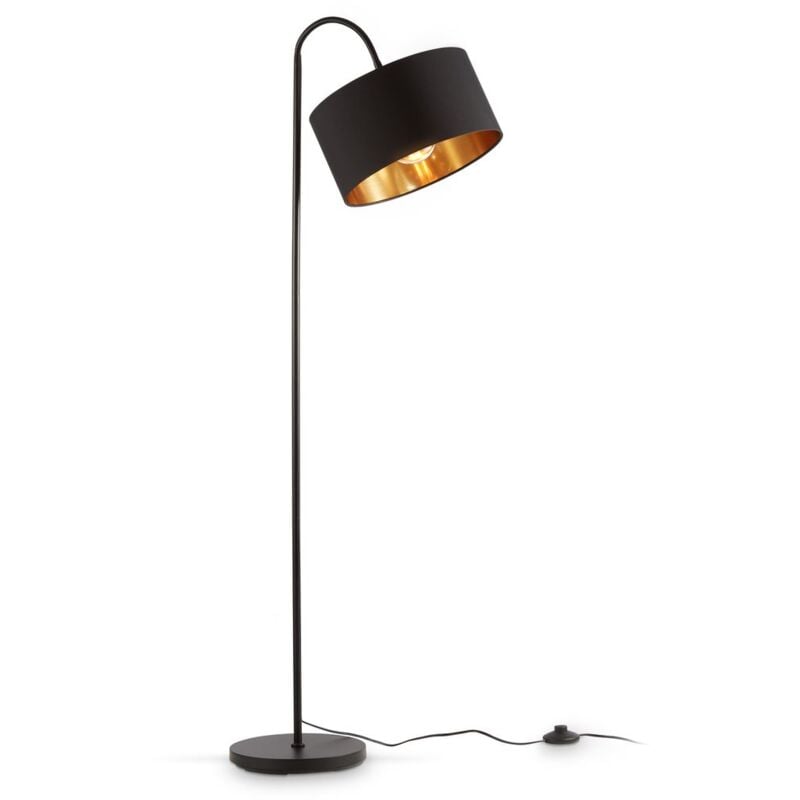 foto del prodotto lampada da terra con paralume orientabile nero oro, attacco per lampadina e27 non inclusa, piantana retro con interruttore a pedale, paralume in