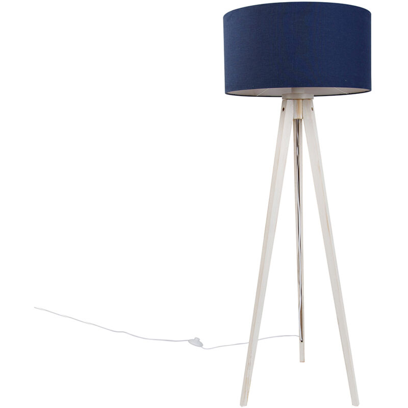 foto del prodotto lampada da terra con paralume tripod classic rustico legno,tessuto bianco blu tondo max. 1 x watt qazqa