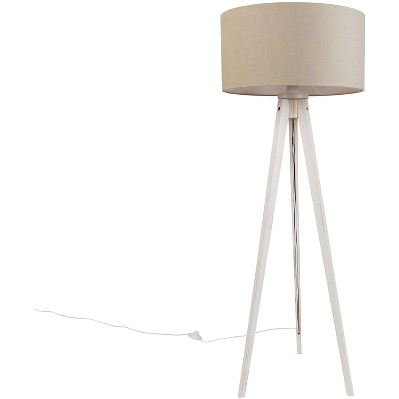 foto del prodotto lampada da terra con paralume tripod classic - rustico - legno,tessuto - bianco marrone - tondo max. 1 x watt - qazqa