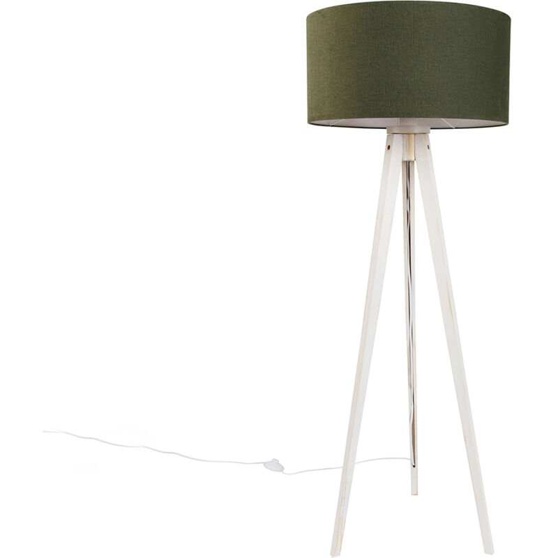 foto del prodotto lampada da terra con paralume tripod classic rustico legno,tessuto bianco verde tondo max. 1 x watt qazqa
