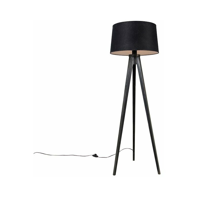 foto del prodotto lampada da terra con paralume tripodclassic classico legno,lino,tessuto nero oblungo tondo max. 1 x watt qazqa