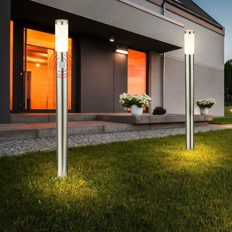 foto del prodotto lampada da terra con rilevatore di movimento, lampada da esterno, in piedi, lampada da terra in acciaio inox, sensore esterno, opale argento, 1x e27,
